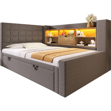 Lit coffre 90x200 cm avec tiroir gigogne 90x190 cm, éclairage LED intégré, tête de lit en L avec rangement, sommier à lattes en lin gris, montage bilatéral, sans matelas (1/5)