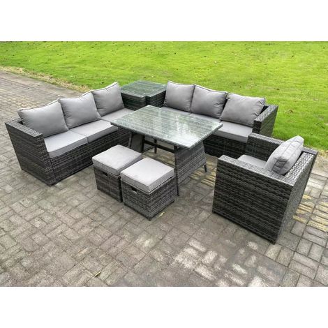 Fimous 9 places Ensemble de canapé en rotin extérieur avec Table à manger Fauteuil Table d'appoint 2 Petits tabourets Gris foncé mixte (1/5)