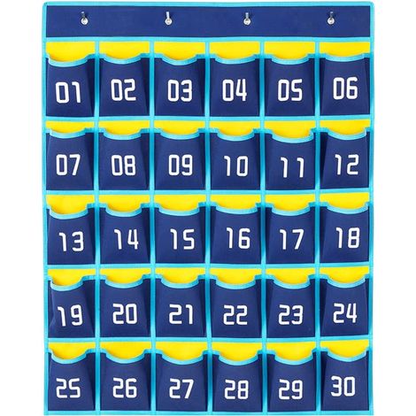 Pochette Organiseur Numérotée à Suspendre sur Porte Murale, 30 Poches Sac Rangement pour Salle Classe Pliable Sac de Rangement pour Téléphone Portable avec 4 Crochets (Bleu Foncé) (1/4)