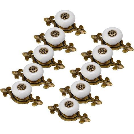 Poignées d'armoire, 10 pièces de design antique, boutons de meubles en porcelaine blanche et vieil or, poignées, boutons, boutons de meubles, poignées de meubles (1/2)