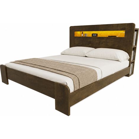 Cadre de lit en bois avec rangement dans la tête de lit, éclairage LED, prises intégrées, lit plateforme moderne en bois vintage 140 x 200 cm (1/5)