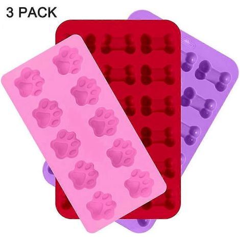 Lot de 3 moules à glaçons en silicone en forme de patte de chiot et d'os, réutilisables pour la cuisson de chocolats et de bonbons, compatibles four et congélateur - Rose, Rouge, P (1/4)
