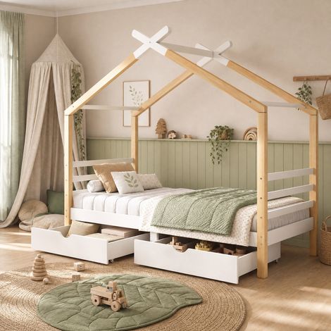 DESMIU Lit Cabane 1 Place avec 2 Tiroirs 90 × 200 cm Sans Matelas en Bois Massif et MDF Blanc (1/5)