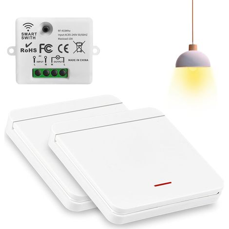 Interrupteur Sans Fil 230V, Installer Interrupteur sans percer, Interrupteurs Télécommande pour garage Salon, Escalier, Extérieur (2 Interrupteur+1 Récepteur) (1/5)