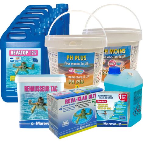 MAREVA Kit Rev-Aqua 60 bis 90 m3 - 6er-Pack Algizid Ravatop 12 % - TAC-Erhöher - Reva-klar Klärpatronen - pH-Stabilisa
