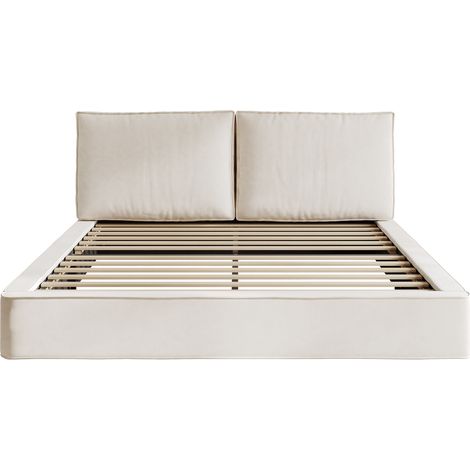 Lit double 160 x 200 cm avec sommier à lattes et tête de lit en chenille beige, cadre robuste Modenuit sans matelas (1/5)