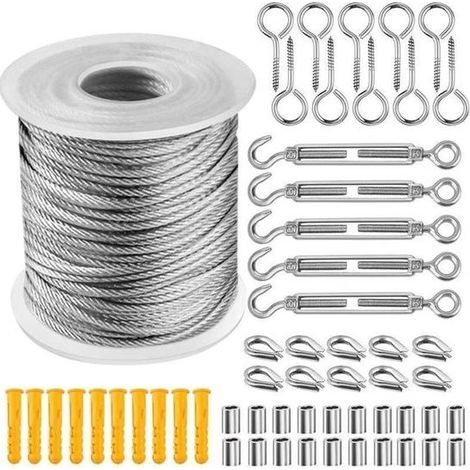 Steel Wire Rope Set - 30m x 2mm - Comes with Stainless Steel Hooks, Screw Eyes and Fasteners - Outdoor Lighting Lead - Steel Wire - Garden Steel Wire Suspension Set - Suitable for Tent Rope, Clothesli (1/4)