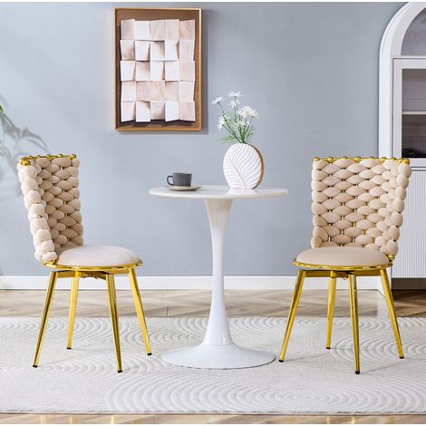 Pack de 2 sillas de comedor de terciopelo beige, patas metálicas doradas, respaldo trenzado DESVIAE (1/5)