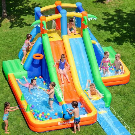 Outdoor Inflatable Castle with Long Extendable Water Slide, Inflatable Structure Children's Games with 2 Pools, Basketball Basket, Water Cannon for Indoor, Outdoor, Parties (1/5)