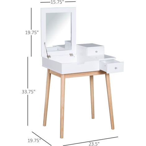 Coiffeuse moderne blanche avec miroir rabattable et 2 tiroirs pour chambre à coucher - Table de maquillage (1/5)