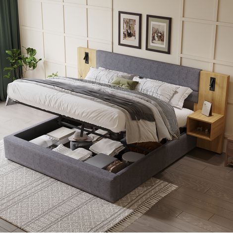lit adulte coffre 180x200 usb chevets velours gris HAVRYA (1/5)