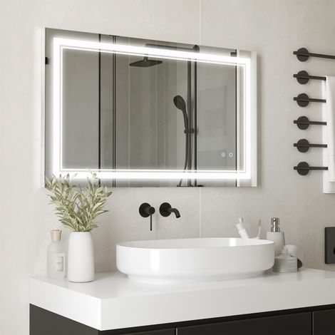 Miroir Salle Bain Lumière Led Interrupteur Tactile Réglable Couleur Fonction Mémoire Mobilier Intérieur Argent 100x60cm