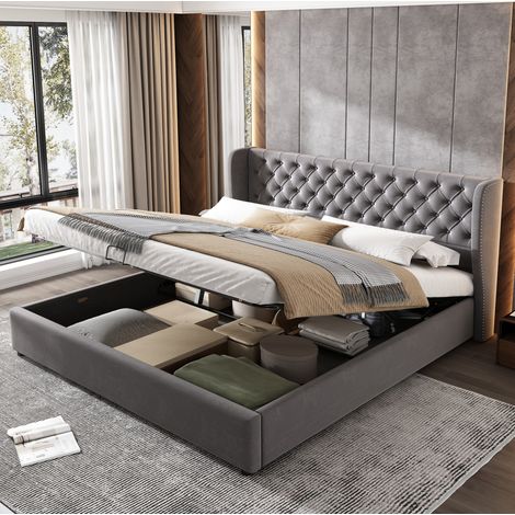 Cama tapizada 180/200 cm gris de terciopelo con arcón y cabecero capitoné (1/5)