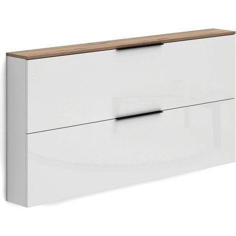 Zapatero Achiko, Mueble para 12 Pares, 4 Compartimentos Made in Italy, 2 Puertas, 160x19x80h cm Blanco Brillante