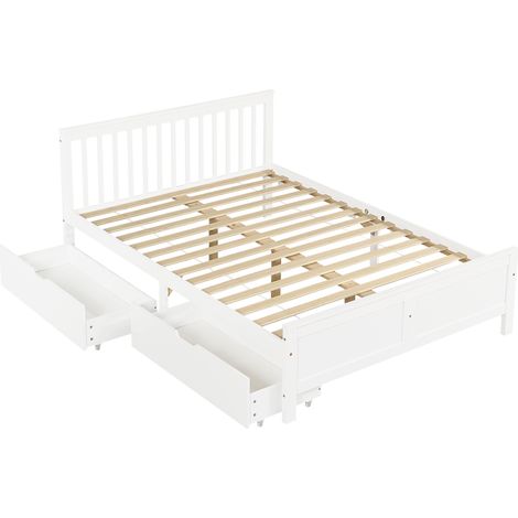 Lit en bois, lit double, lit pour adolescent, lit pour adulte, avec tiroirs de rangement, cadre en pin, blanc (140x200 cm) (1/5)