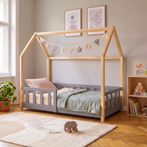 Hausbett Hesel mit Rausfallschutz 70x140 cm Grau/Natur [en.casa] (1/5)