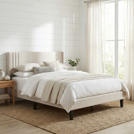 Lit adulte 140x200 avec sommier silencieux, lit double avec structure en métal et bois, tissu en lin, design moderne scandinave, Beige