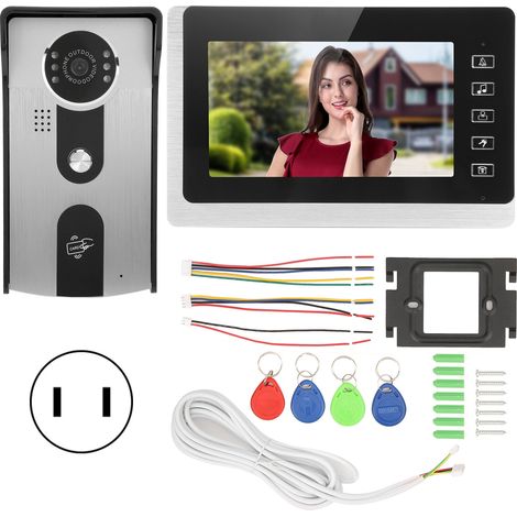 7in Écran LCD Sonnette Vidéo Filaire Interphone Vision Nocturne Affichage TFT Carte ID Antipluie 100‑240V Prise US (1/5)