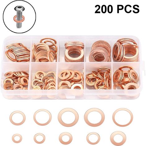 Assortiment de 200 rondelles plates en cuivre M5-M14, joints toriques en cuivre, kit de joints d'étanchéité métriques, 9 tailles (1/4)