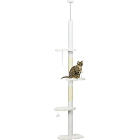 Albero Tiragraffi per Gatti a Soffitto 48x32x225-255 cm Pali con Corda in Cotone Bianco (1/5)