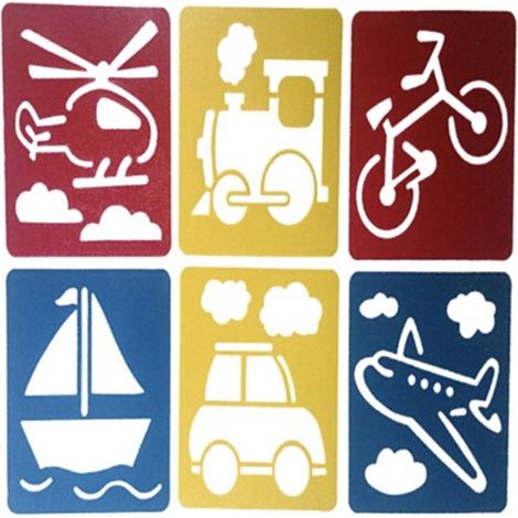 Lot de 6 pochoirs de dessin pour enfant - Motifs transport : hélicoptère, train, vélo, bateau, voiture, avion - Cadeau créatif Saint-Nicolas (1/5)