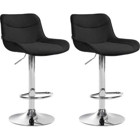 Juego de 2 taburetes de bar x1 con costura decorativa en tela negra, base de trompeta de metal cromado 100004460
