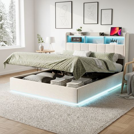 Lit simple 140x190 cm, Lit coffre, avec espace de rangement, tête de lit capitonnée imitation bois, Fonction de charge, éclairage d'ambiance LED, blanc (1/5)