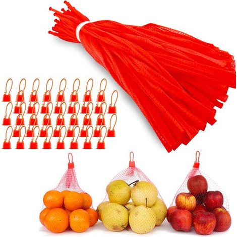 Lot de 100 sacs en filet réutilisables avec bouton, sacs en maille pour œufs, fruits, noix et courses, pour protection et emballage des produits du jardin, rouge (1/5)