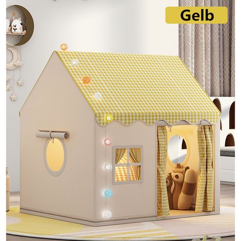 Kinderzelt Indoor Schloss Spielhaus für Mädchen & Jungen, Prinzessin Traum, Bett-Spielzelt mit Matte & LED-Bälle, Gelb