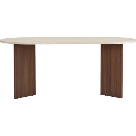 Table à manger 8 personnes ovale en bois et effet travertin - Beige - Sam