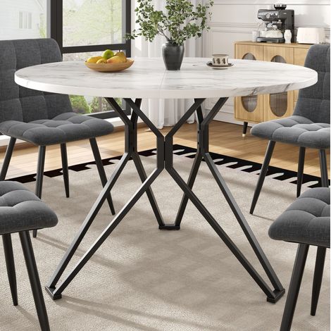 Tavolo da pranzo rotondo in MDF effetto marmo nero con struttura in metallo, 100x100x76 cm (1/5)