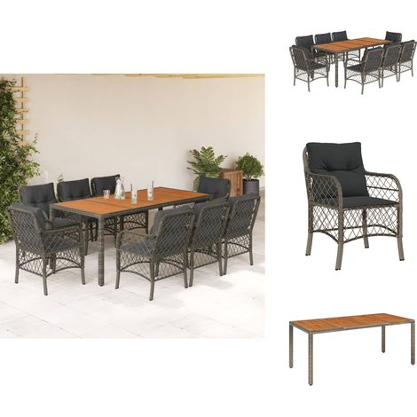 9-tlg. Garten-Essgruppe mit Kissen Grau Poly Rattan - Gartensessel - Gartenstuhl - Gartenmöbelset - Outdoor Möbel - Rattan Gartenmöbel (1/5)