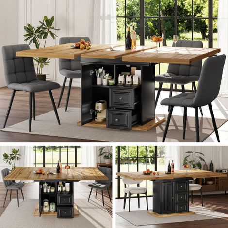 Table à manger extensible 110-140×80×75cm MDF veinage bois mécanisme métallique verrouillable, rangement porte tiroirs fermeture magnétique pour 6 personnes intérieur et terrasse (1/5)