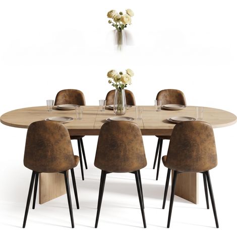 FurnitureR 7-Piece Dining Set, 120-160CM Light Wood Extendable Oval Table & 6 Brown Suede Chairs (1/5)