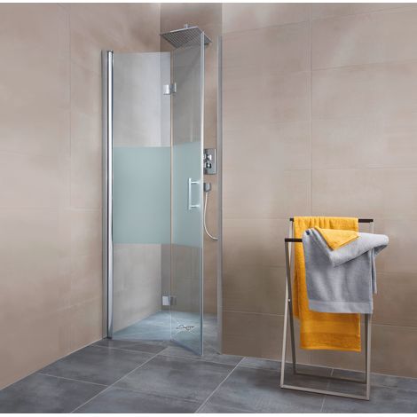Porte de douche pivotante-pliante, verre 5 mm anticalcaire, décor sablé au milieu dépoli, Schulte, 90 x 195 cm, ouverture vers la droite