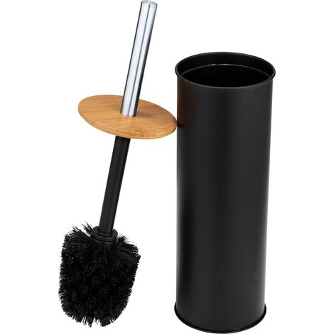 Porte-brosse fermé à poser Tortona WENKO, Accessoire WC, Tête de brosse remplaçable, Acier laqué haute qualité et Bambou, 9,5 x 38,5 cm, Noir mat et bois (1/5)