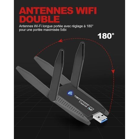 Clé WiFi Puissante USB 3.0 Double Bande, 2.4G / 5.8GHz, Adaptateur WiFi pour PC/Ordinateur Portable/Tablette, Compatible avec Windows 11/10/8/7/Vista/XP, Mac OS X