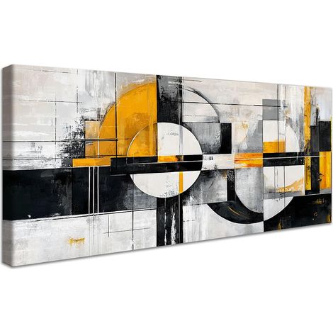 Cadre en Bois Impression sur Toile Abstrait Géométrique Rond Gris or Noir Peinture Poster Mural Image sur Toile Grandes Tableau Decoration Murale Salon Chambre Restaurant 50x120cm (1/5)