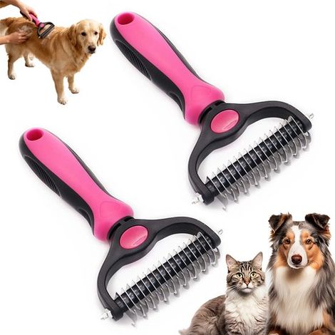 2 teilig Haustierbürste Hundebürste Haustierkamm Doppelseitige Bürste für das Unterfell Kamm für langhaarige Katzen Haustierkamm Hundekamm Rosa 1