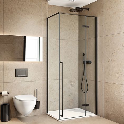 Box doccia angolare 80x100 con porta battente cristallo trasparente e profili neri Nylo