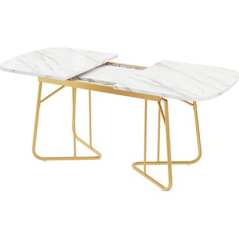 Table à Manger Extensible Blanche avec Structure Marbre, Pieds Métalliques Dorés, 140/180x80 cm, Style Luxueux pour 4 à 6 Personnes (1/5)