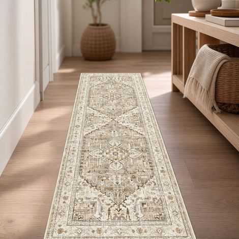 Tapis Couloir 50x180cm Style Bohème Vintage Fausse Laine Antitache Lavable Machine Entrée Cuisine Buanderie Beige Marron (1/4)