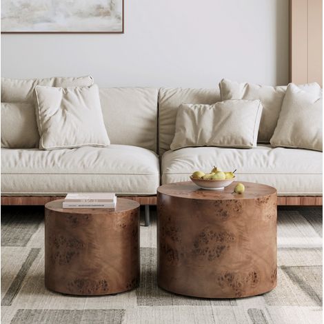 Tables basses gigognes rondes 92x48x38 cm brun foncé, rangement discret, MDF et placage bois MEUBLIV (1/5)