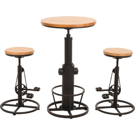 [NEUWERTIG] Set Bartisch + 2x Barhocker HHG-966, Barstuhl Stehtisch höhenverstellbar drehbar Fußablage Industrial Holz natur