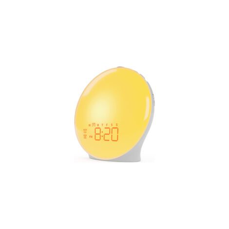 LED-Wecklicht mit Radiowecker, beleuchtete Nachttischlampe, 20 Helligkeitsstufen, Sonnenaufgangs- und Sonnenuntergangssimulator, 2 Weckzeiten, 7 Naturgeräusche, Schlummerfunktion, 18 Farben, Nachtlich