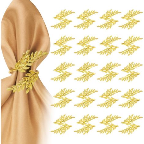 Lot de 20 ronds de serviette dorés feuille de blé en métal, délicats pour décoration de table à manger