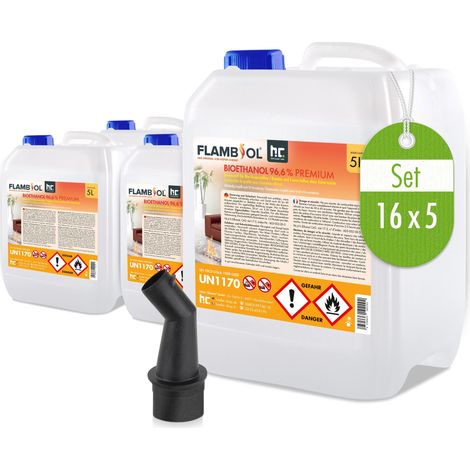 FLAMBIOL Bioéthanol 96,6% Premium 16 x 5 L - Pour Cheminée de Table, Cheminée & Décoration de Jardin - Sans Fumée ni suie - A base de maïs & de Betteraves