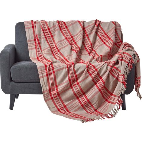 HOMESCAPES Grey & Red Tartan Check Sofa and Bed Throw, 150 x 200 cm