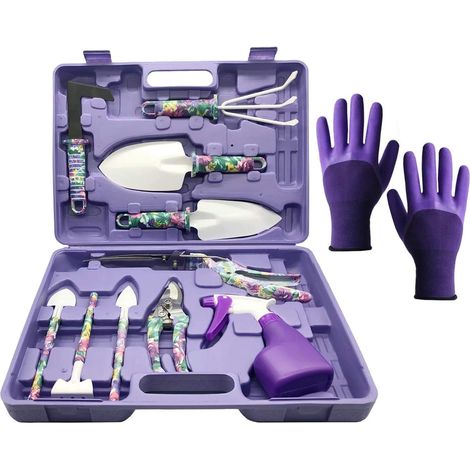 Ensemble d'outils de jardinage 11 pièces à manche à motif floral violet : grattoir, râteau, désherbeur, sécateur, pulvérisateur, valise