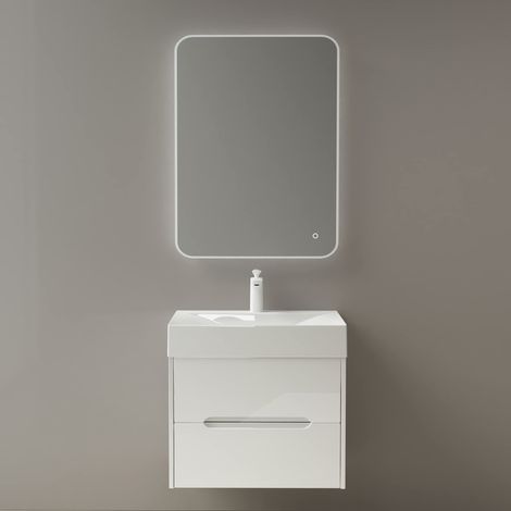 Mai & Mai Meuble de Salle de Bain Suspendu 80x56x48cm avec 2 Tiroirs et Lavabo et Miroir Meuble Sous Lavabo Blanc Yoga-Lackier (1/5)